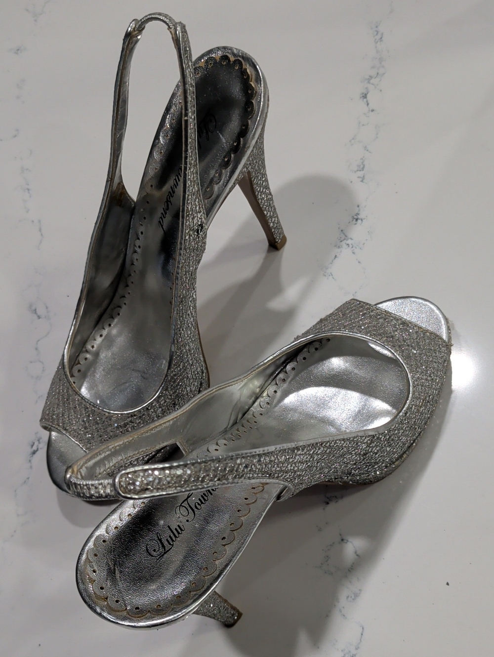 Lulu Townsend Silver Glitter Slingback Peep-Toe Heels